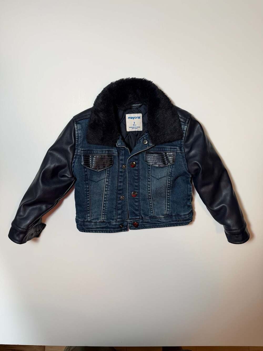 Mayoral Faux Leather And Denim Jacket With Faux Fur Collar Size 2 (92 cm)